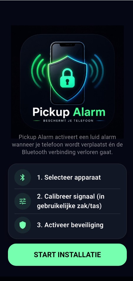 Welkomstscherm van Pickup Alarm met de drie installatiestappen
